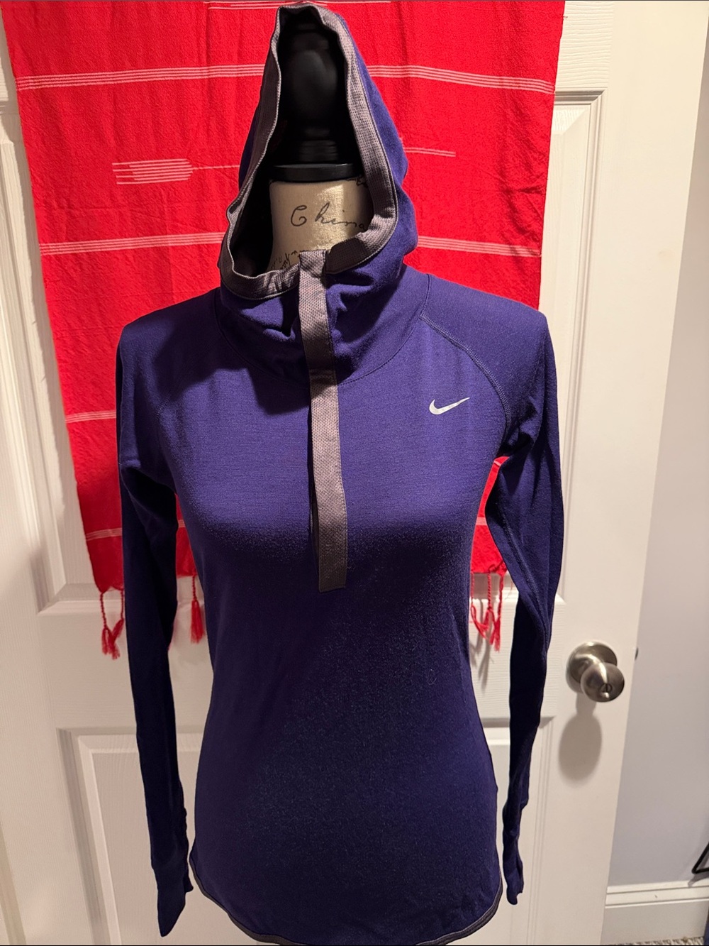 Classic Nike Dri Fit Purple Long Sleeve Hoodie with Thumb Holes.